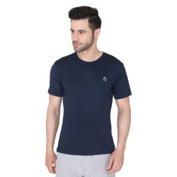 Men Solid Round Neck Polyester Blue T-Shirt