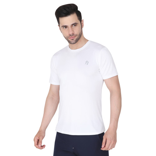 Men Solid Round Neck Polyester White T-Shirt