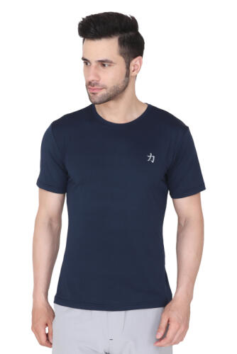 Men Solid Round Neck Polyester Blue T-Shirt