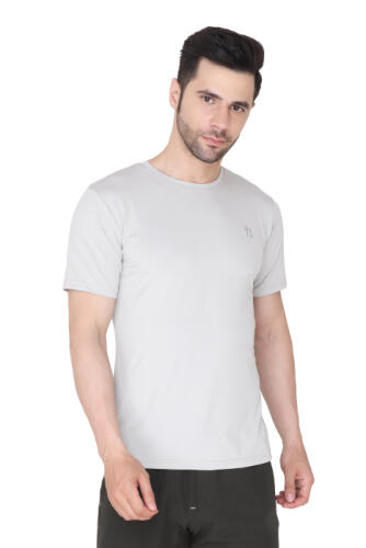 Men Solid Round Neck Polyester Light Grey T-Shirt