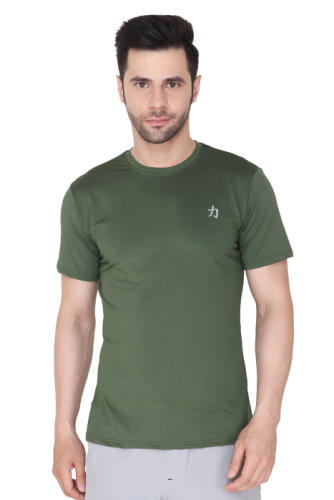 Men Solid Round Neck Polyester Olive T-Shirt