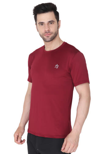 Men Solid Round Neck Polyester Maroon T-Shirt