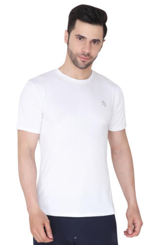 Men Solid Round Neck Polyester White T-Shirt