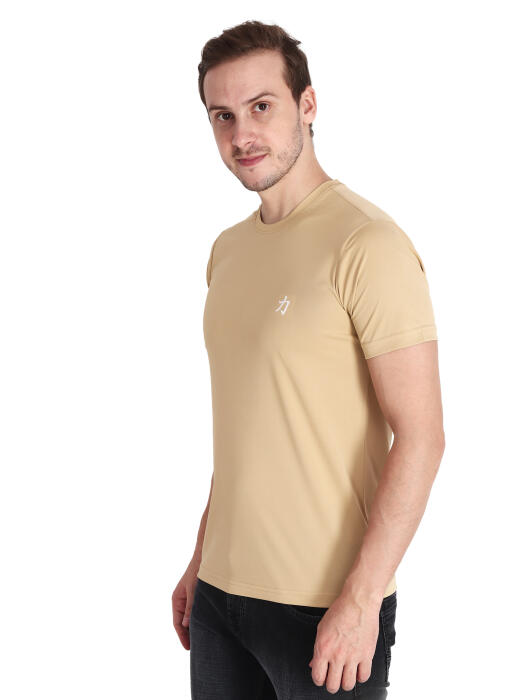 Men Solid Round Neck Poly Cotton Beige T-Shirt